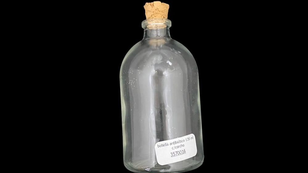 botella antibiótico 120 ml c/corcho 10cm alto 